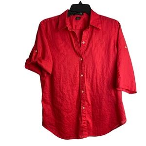 Lafayette 148 New York Red Button-Front Cotton Shirt